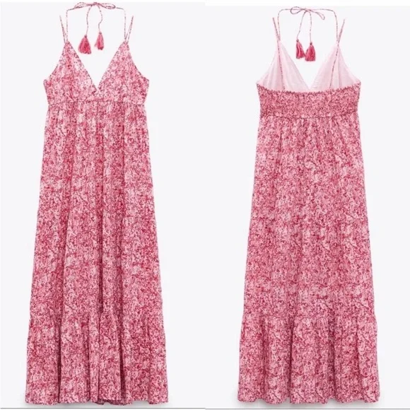 ZARA WOMENS FLORAL SUMMER V NECK BACKLESS DRESS IN PINK SIZE: LARGE 100% COTTON - Picture 8 of 13